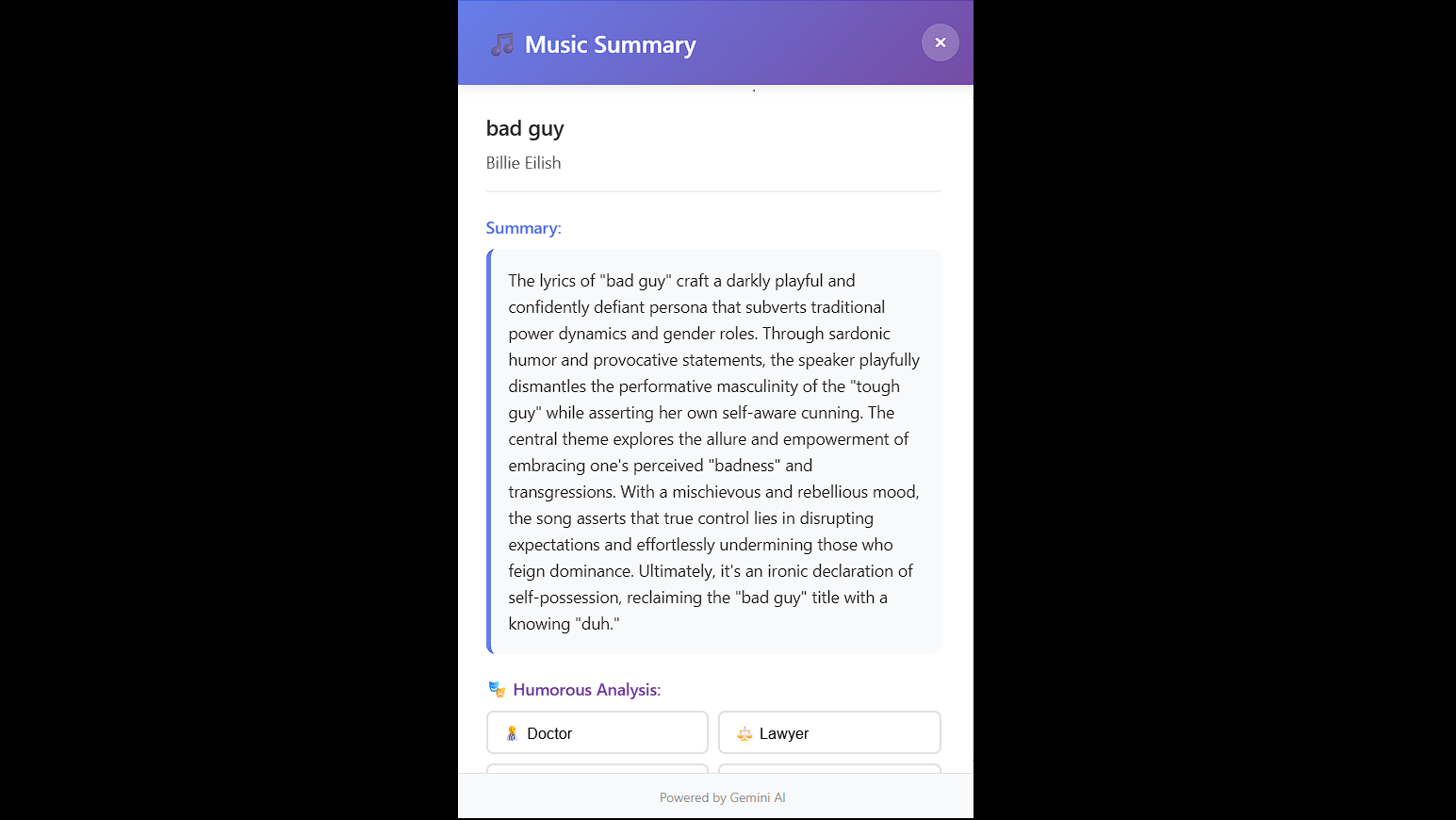 Song Summary Example